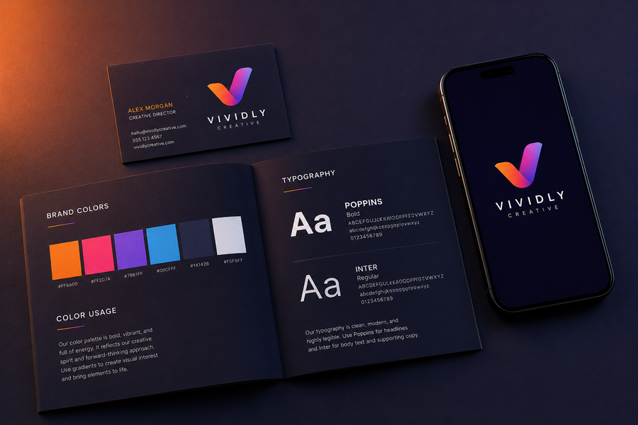 Khadacha Creative Hub branding work — business card, brand guidelines and logo mockup
